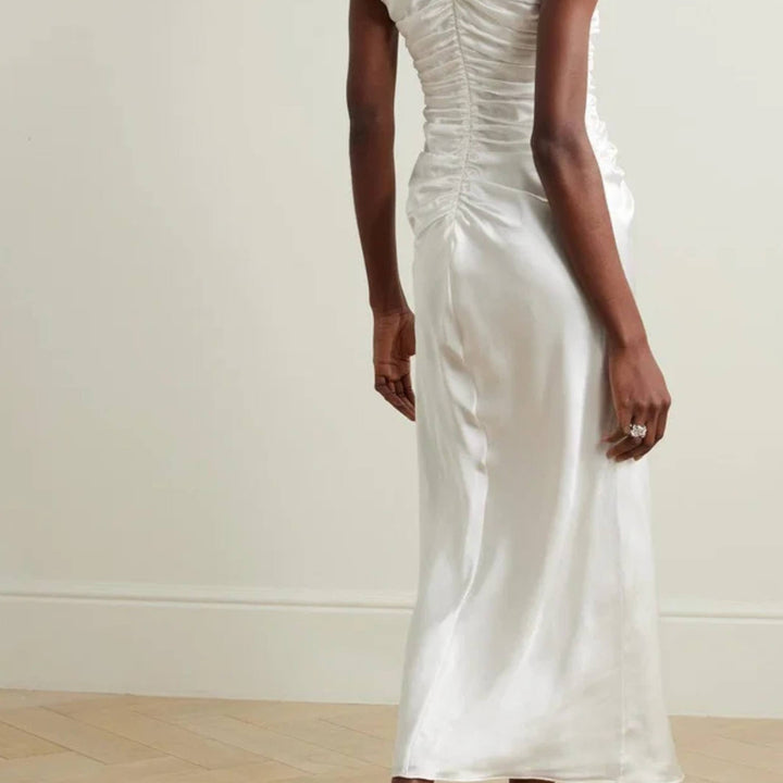 White Aubree Satin Rouched Dress