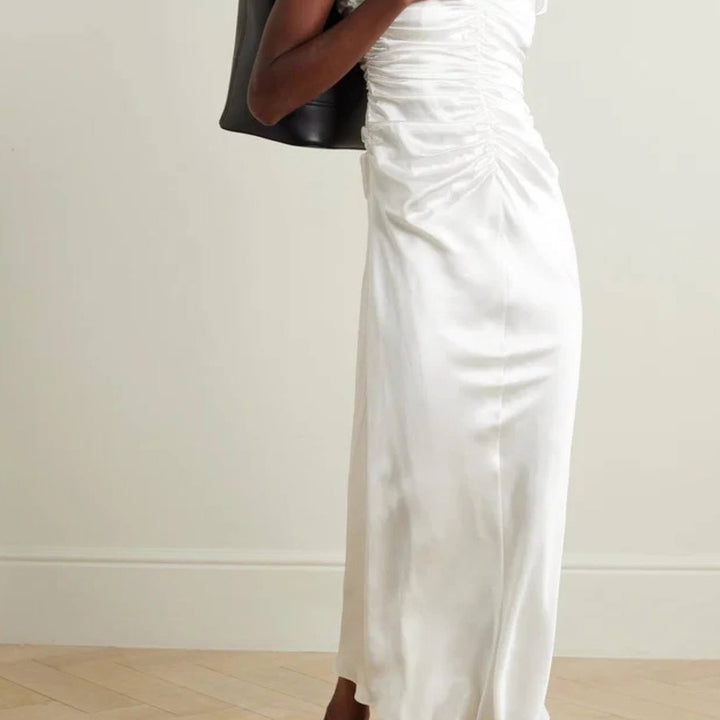 White Aubree Satin Rouched Dress