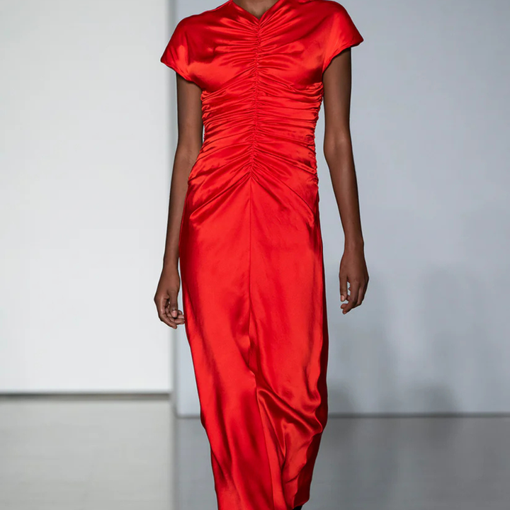 Red Aubree Satin Rouched Dress