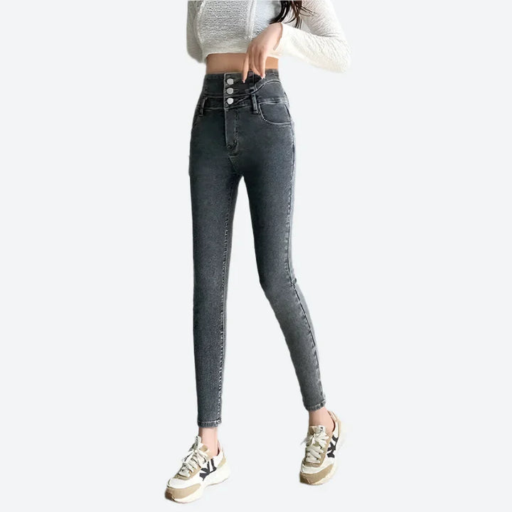 High-Waist Slim Fit Buttoned Jeans