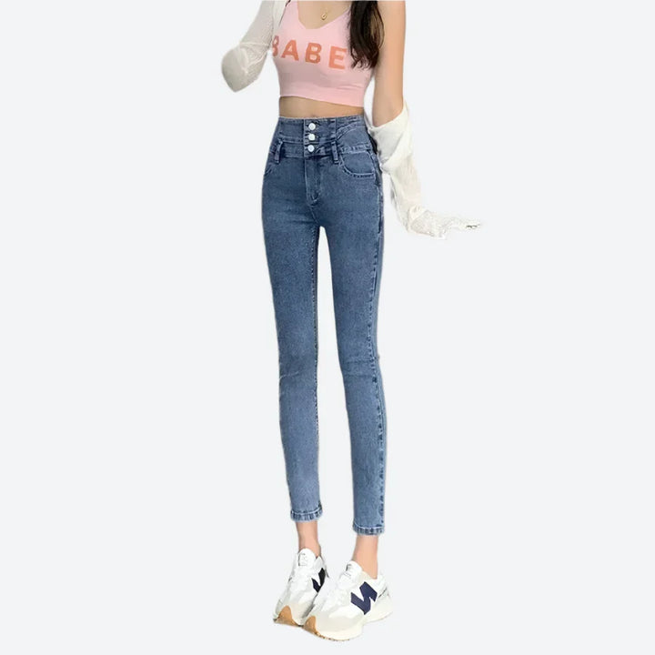 High-Waist Slim Fit Buttoned Jeans