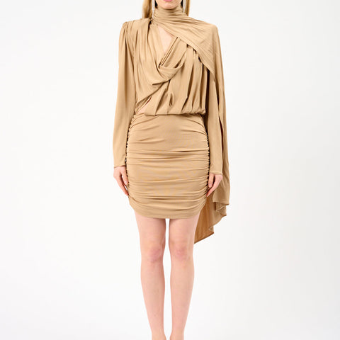 Draped Satin Mini Dress with Scarf
