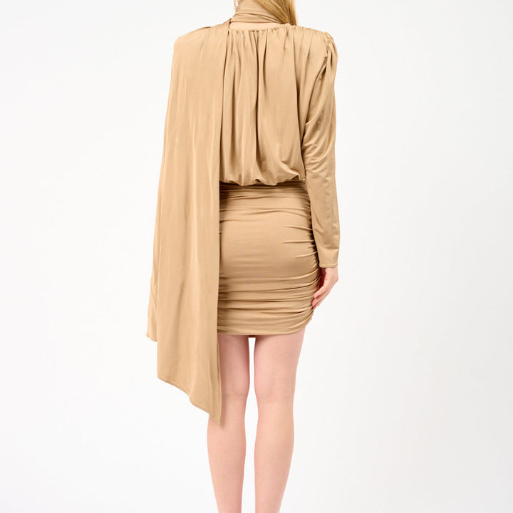Draped Satin Mini Dress with Scarf